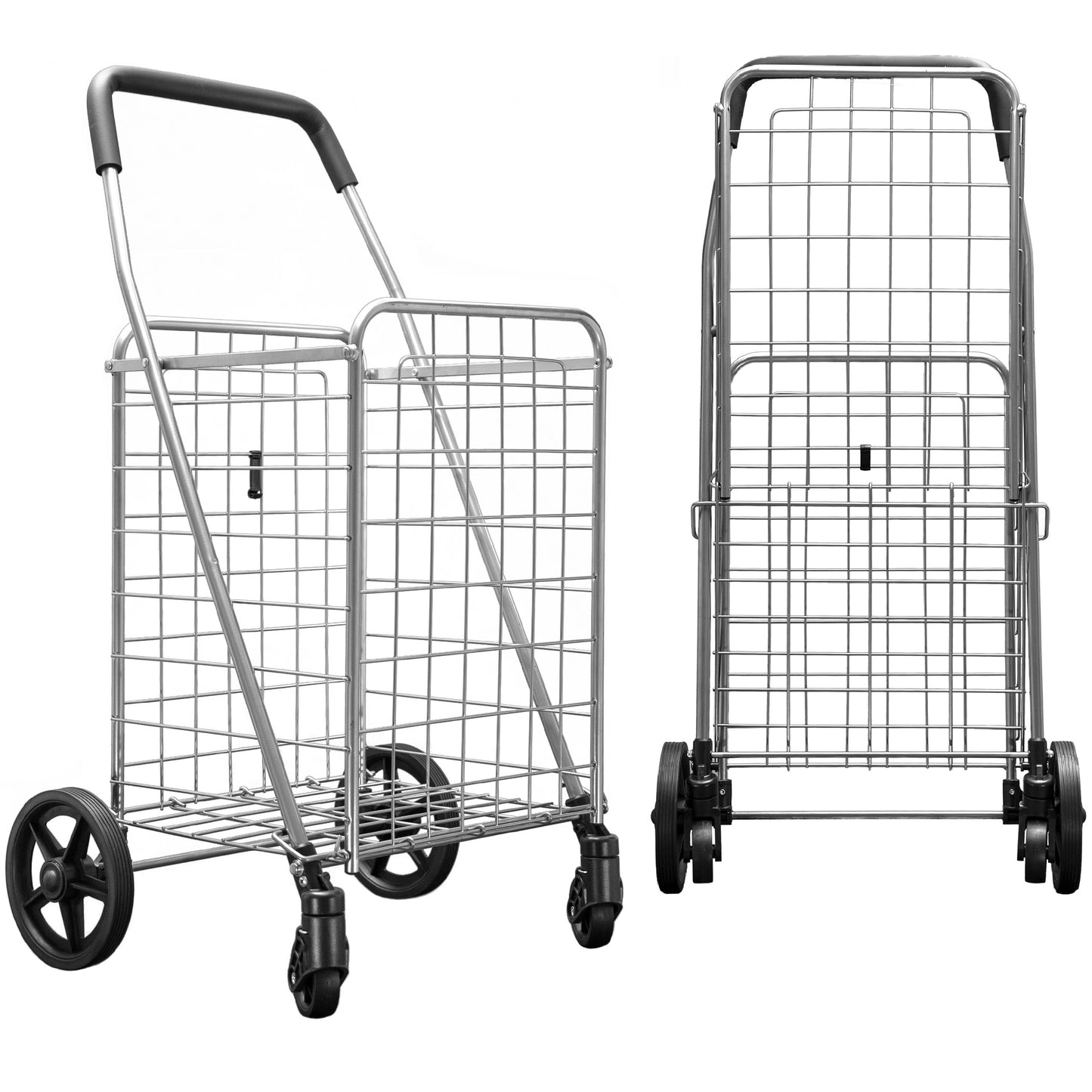Folding Shopping Cart with Patent Pending Swivel Wheels and Single Basket, Medium Silver S-2142