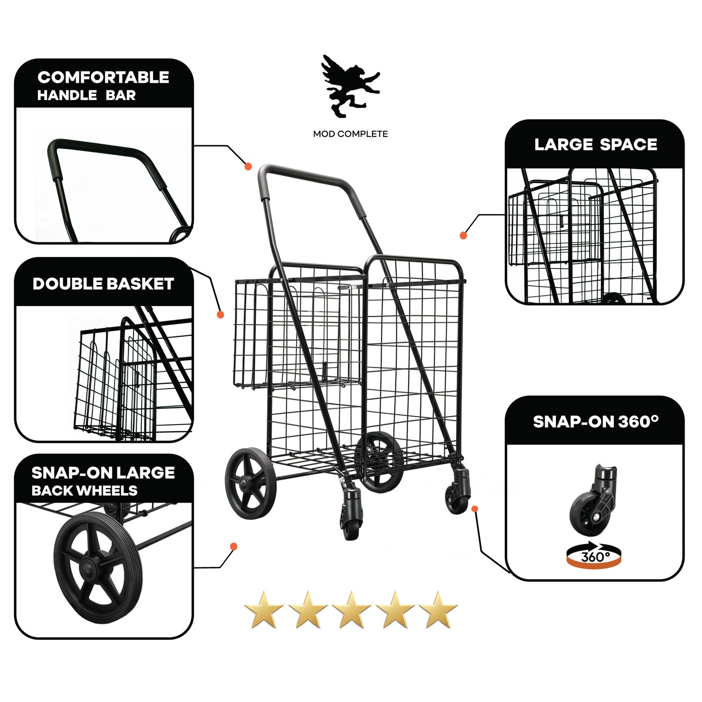 Folding Shopping Cart with Patent Pending Swivel Wheels and Double Basket, Large S-2081