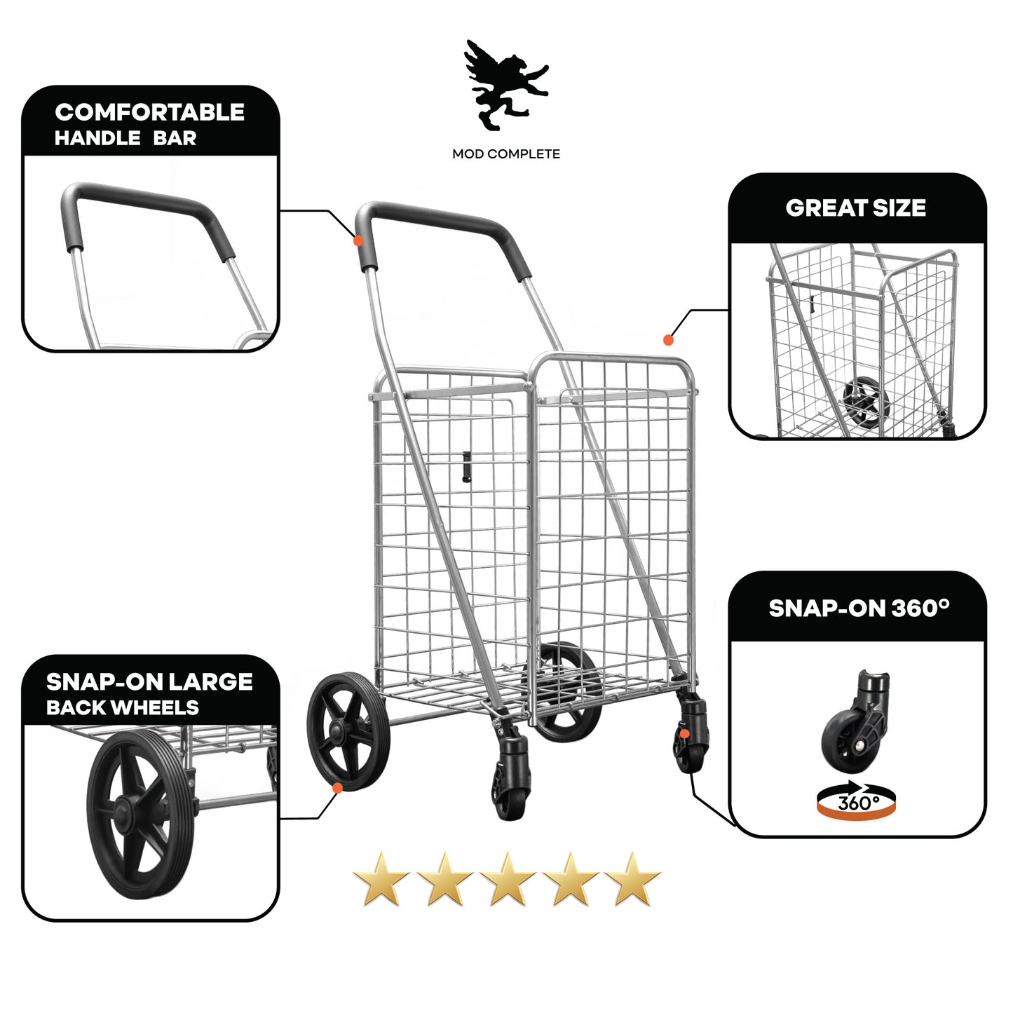 Folding Shopping Cart with Patent Pending Swivel Wheels and Single Basket, Medium Silver S-2142