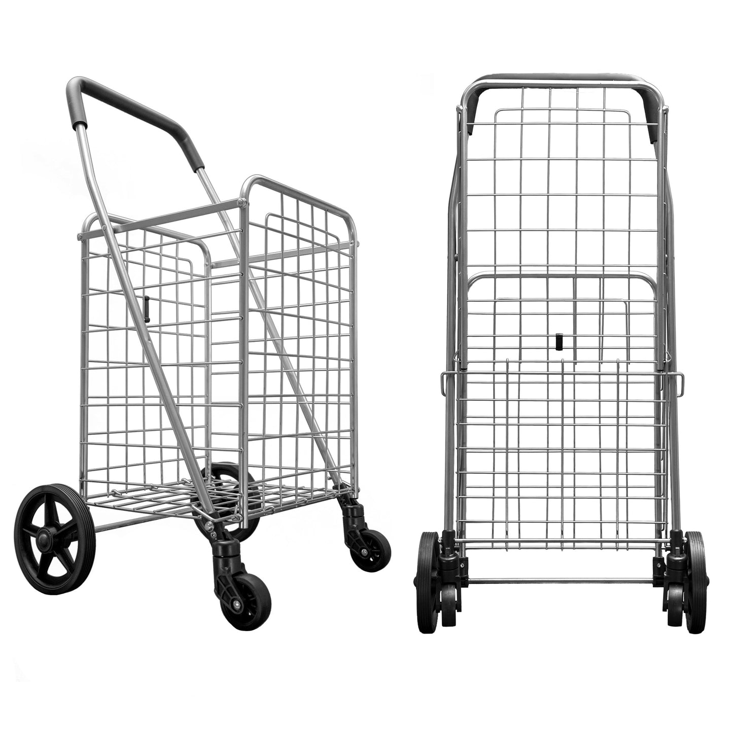 Folding Shopping Cart with Patent Pending Swivel Wheels and Single Basket, Medium Silver S-2142
