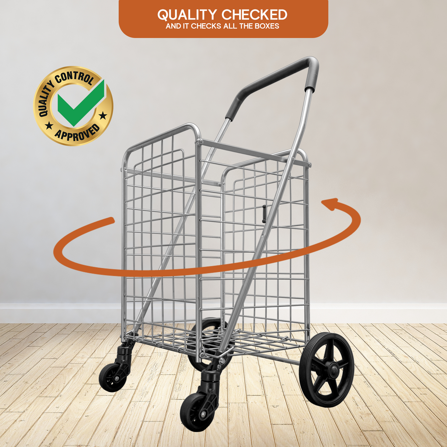 Folding Shopping Cart with Patent Pending Swivel Wheels and Single Basket, Medium Silver S-2142