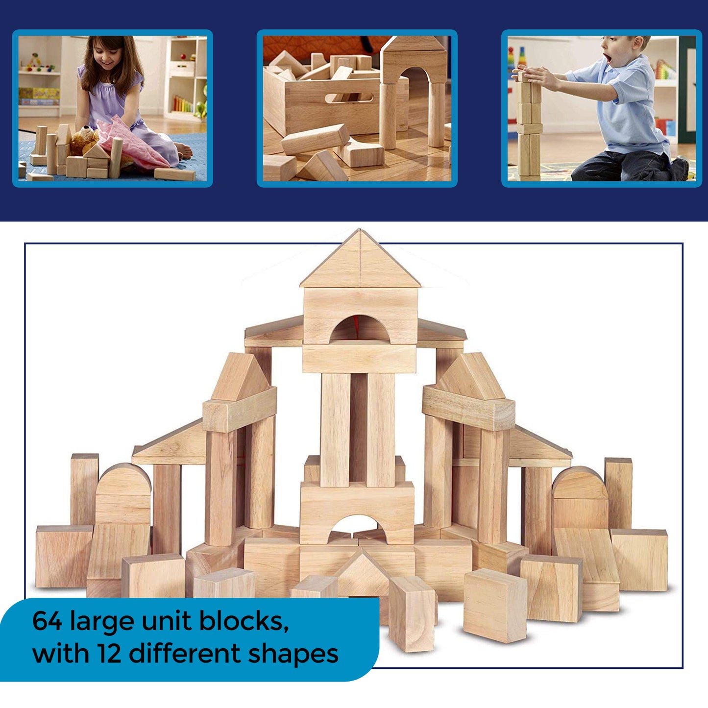 Standard Unit Wood Building Blocks for Toddlers with Storage Tray (64 Pcs)