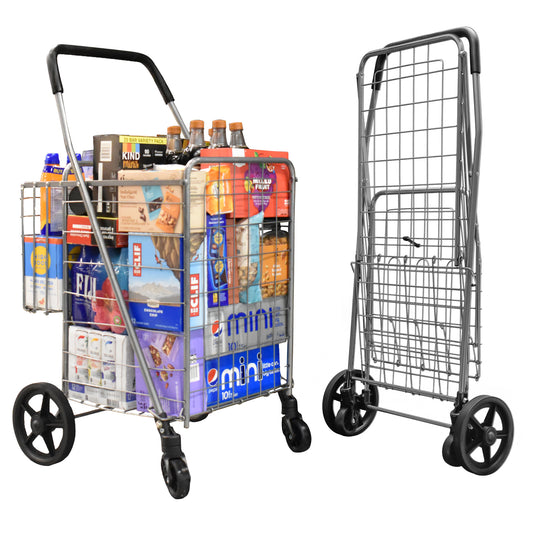 Folding Shopping Cart with Patent Pending Swivel Wheels and Double Basket, Large S-2081 Silver