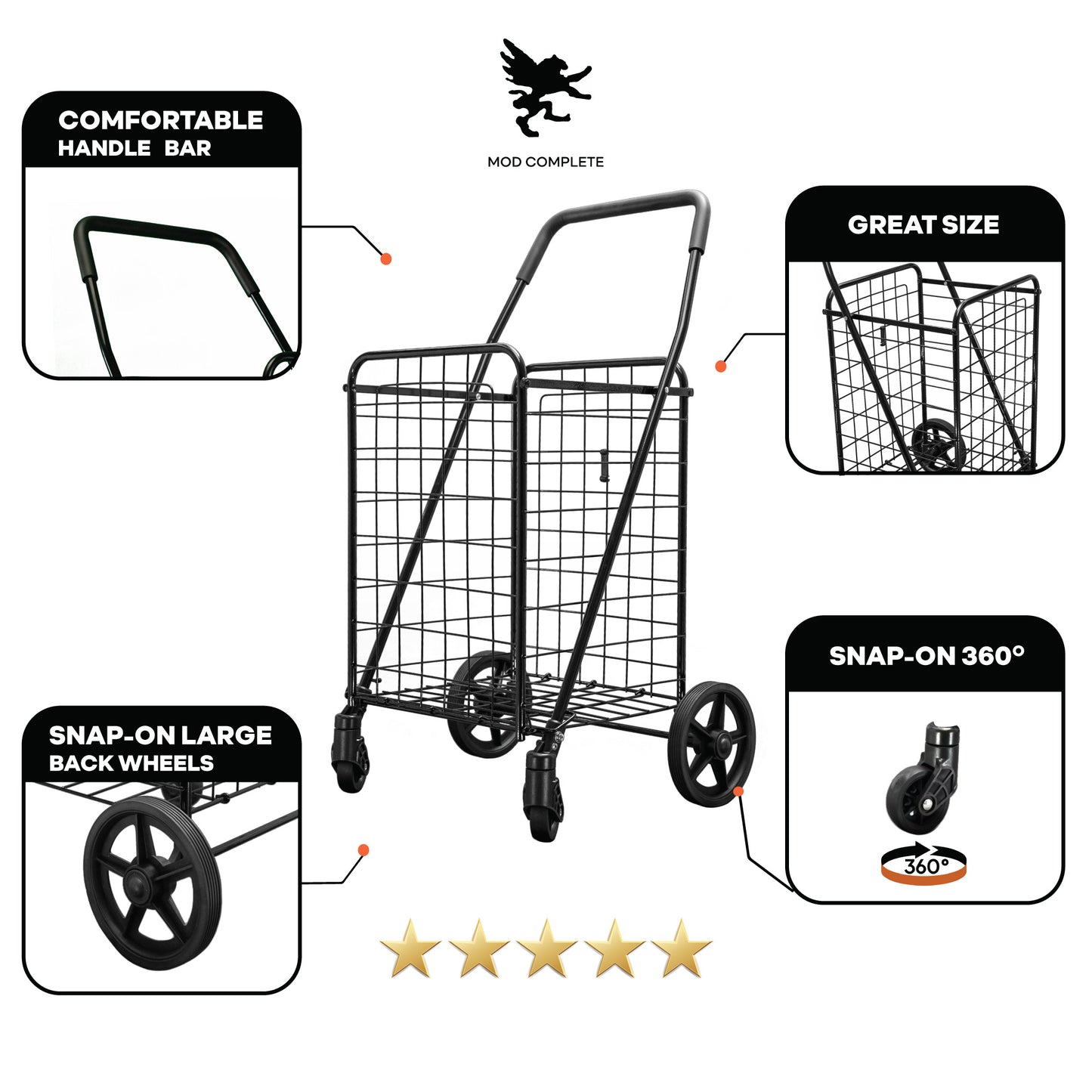 Folding Shopping Cart with Patent Pending Swivel Wheels and Single Basket, Medium Black S-2142