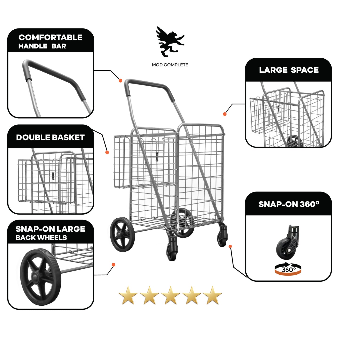 Folding Shopping Cart with Patent Pending Swivel Wheels and Double Basket, Large S-2081 Silver