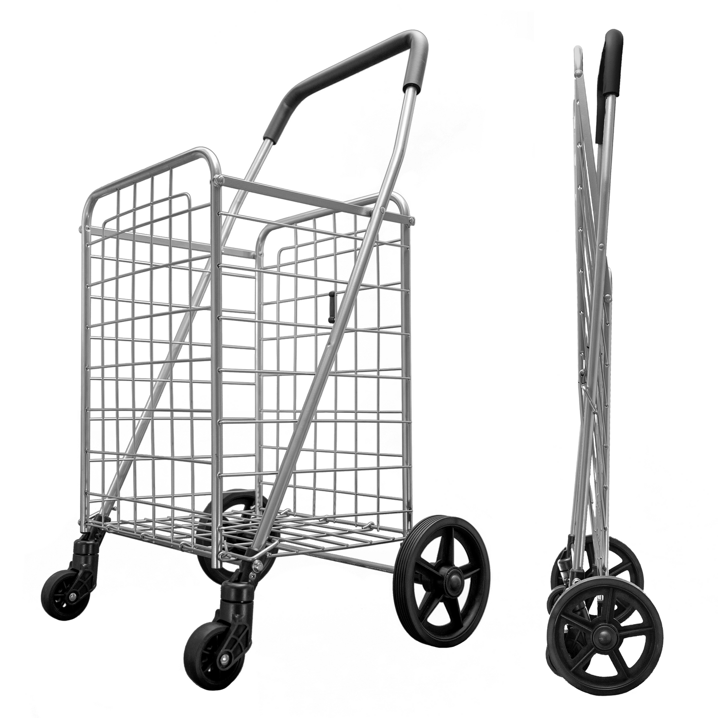Folding Shopping Cart with Patent Pending Swivel Wheels and Single Basket, Medium Silver S-2142