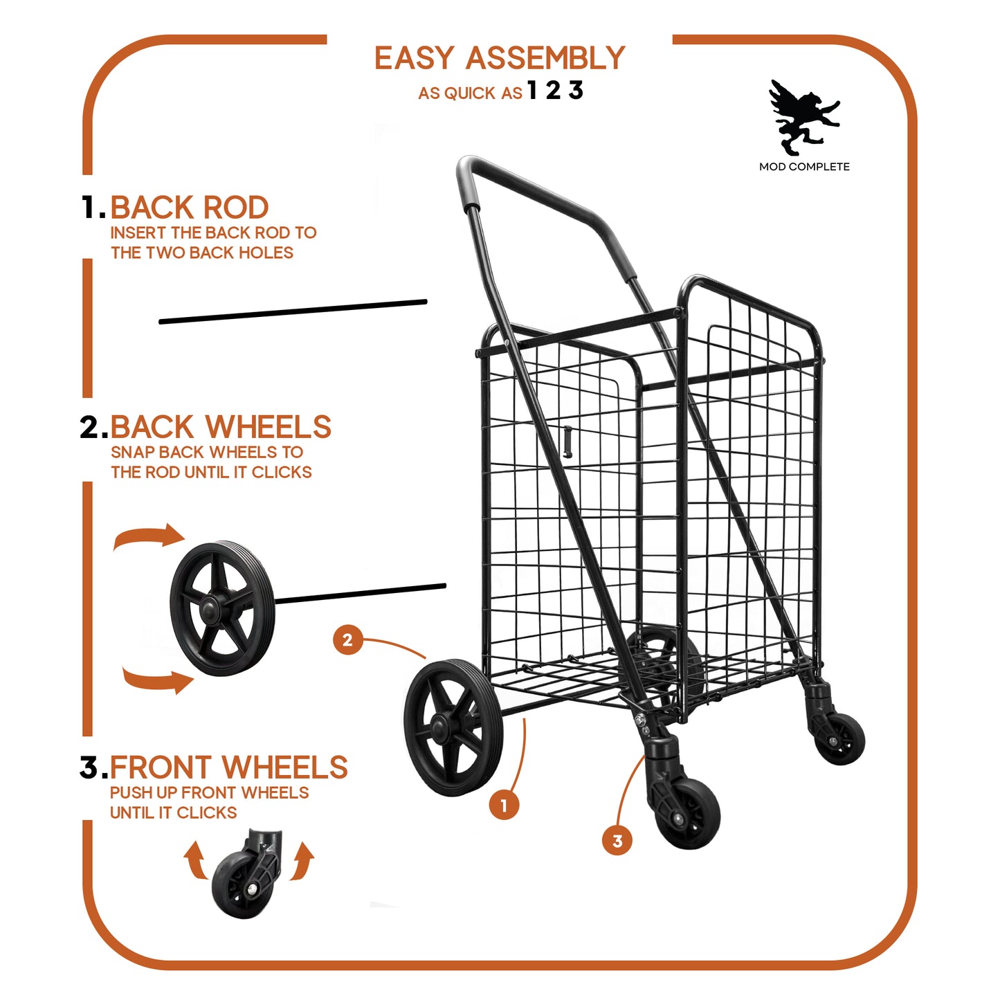 Folding Shopping Cart with Patent Pending Swivel Wheels and Single Basket, Medium Black S-2142