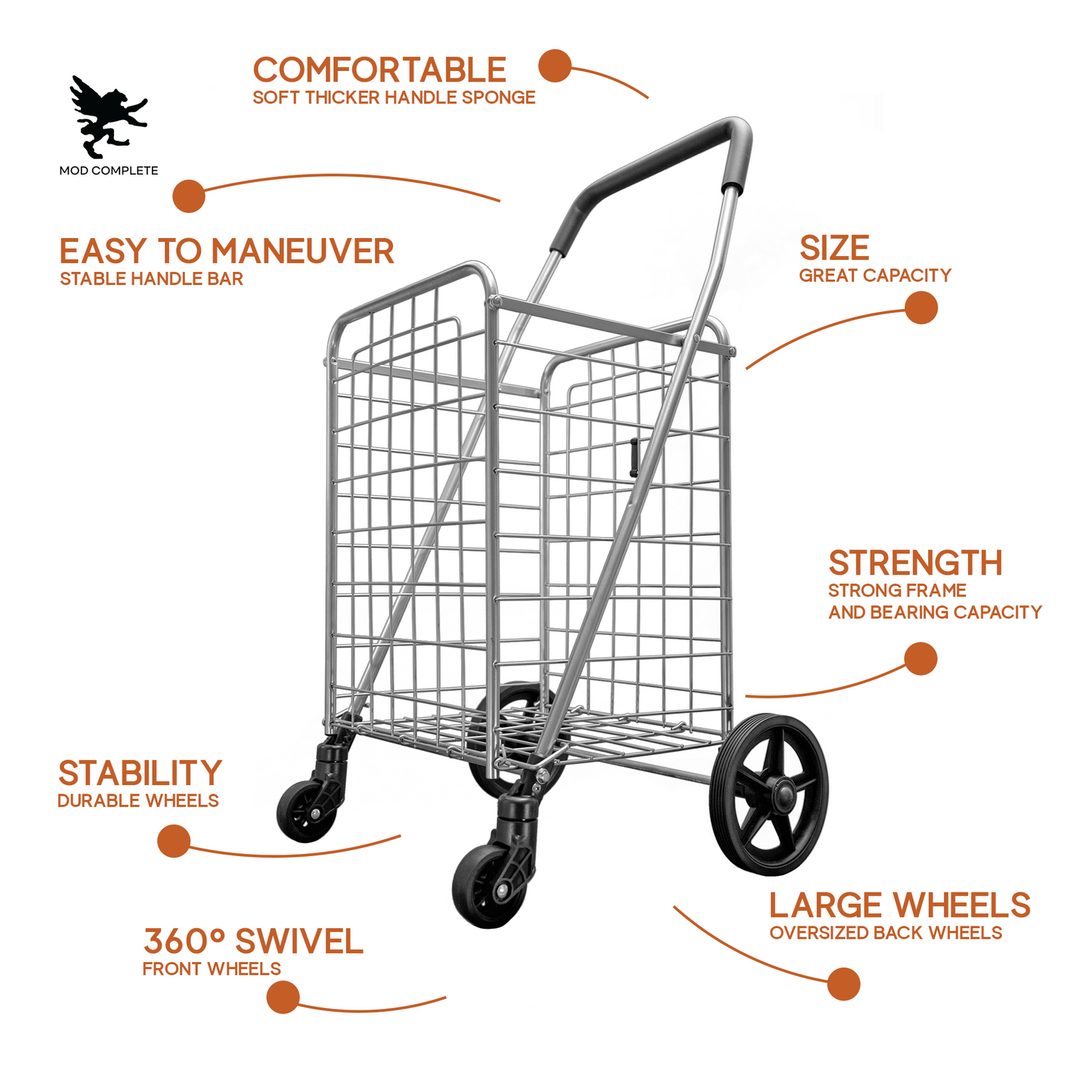 Folding Shopping Cart with Patent Pending Swivel Wheels and Single Basket, Medium Silver S-2142