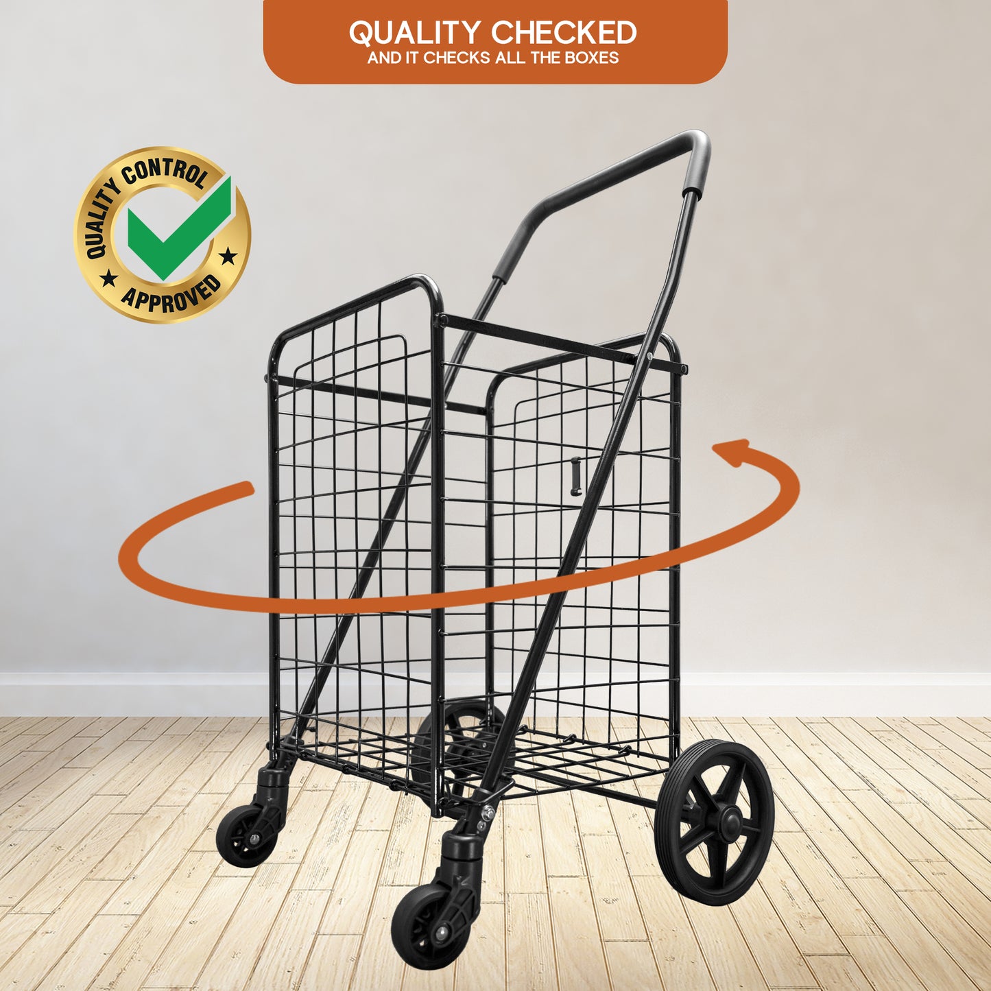 Folding Shopping Cart with Patent Pending Swivel Wheels and Single Basket, Medium Black S-2142